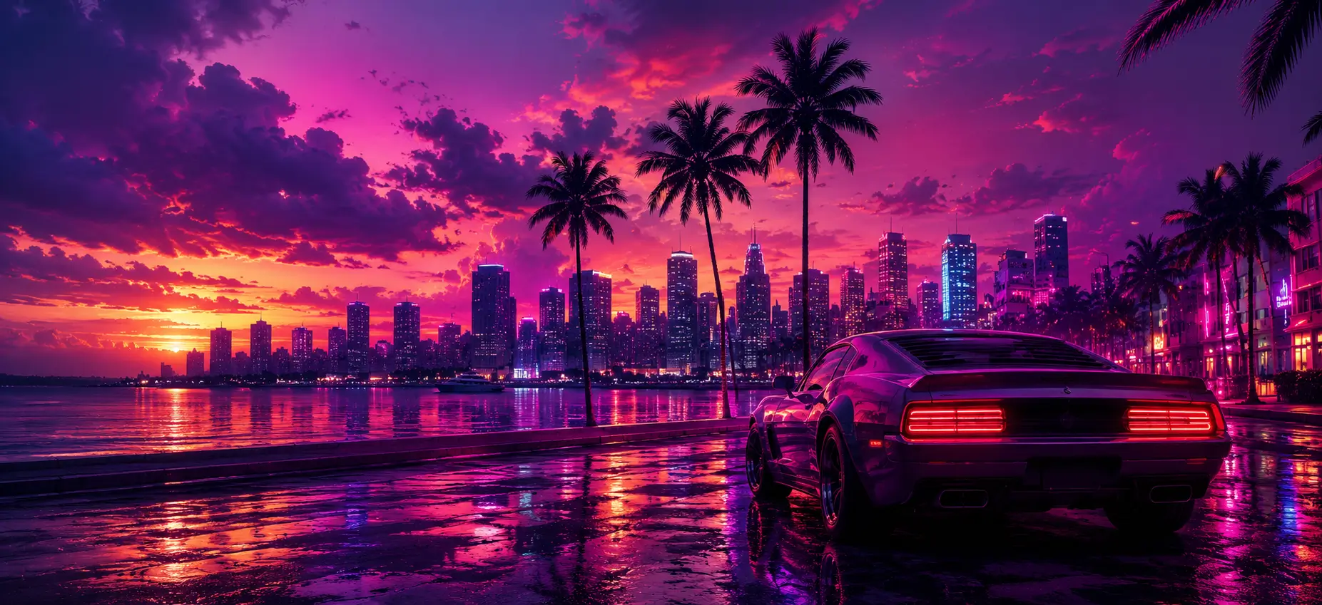 Cinematic Vice City inspired sunset with a neon skyline, reflective streets, and a sports car representing the value, pricing, and premium experience of GTA 6.