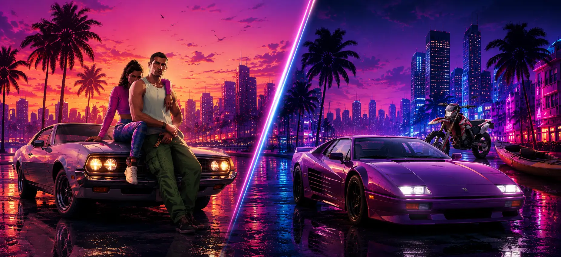 Split neon cityscape showing two contrasting Vice City inspired environments with classic and luxury vehicles, illustrating the comparison between GTA 6 Standard and Ultimate Edition.