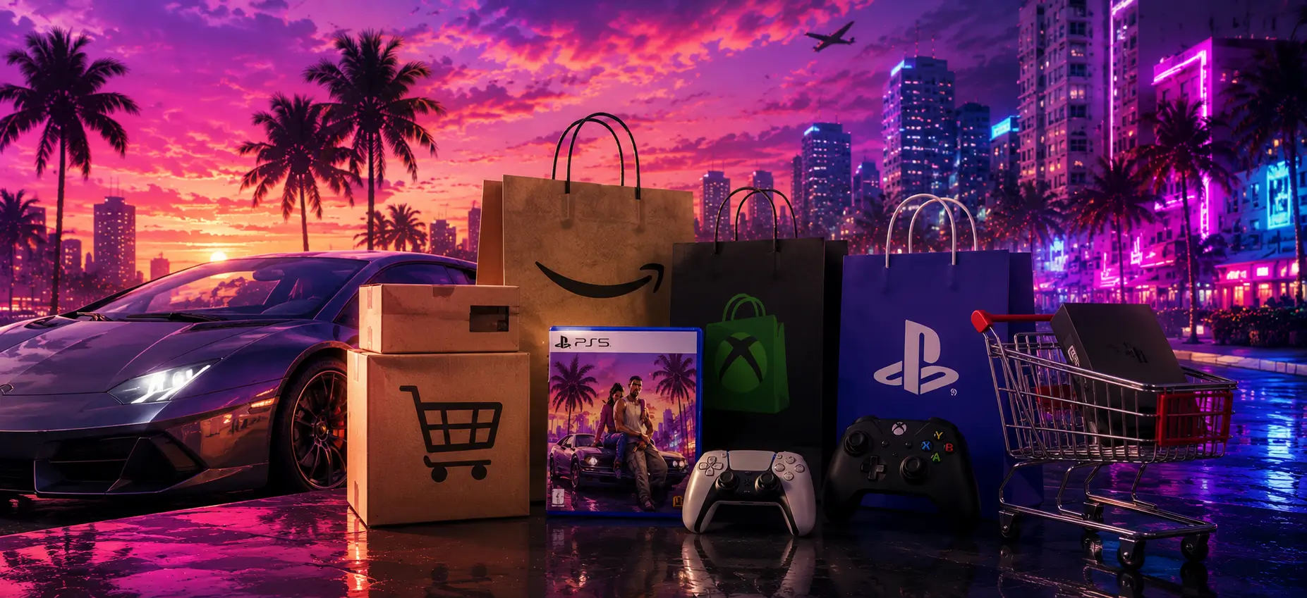 Neon-lit Vice City inspired shopping scene featuring gaming consoles, retail shopping bags, a sports car, and GTA 6 game artwork, representing the best places to buy GTA 6 for PS5 and Xbox at the cheapest price.