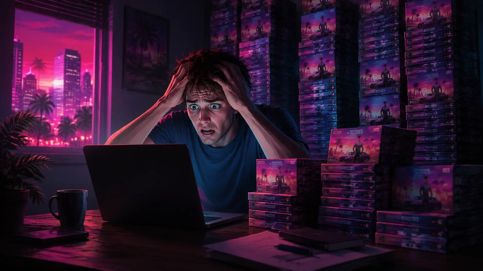 Shocked gamer staring at a laptop after placing a massive GTA 6 preorder, surrounded by towering stacks of identical game boxes in a neon pink and teal Vice City inspired room.